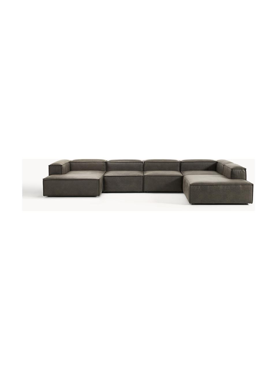 Modulare Wohnlandschaft Lennon aus recyceltem Leder, Bezug: Recyceltes Leder (70 % Le, Gestell: Massives Holz, Sperrholz, Füße: Kunststoff Dieses Produkt, Leder Taupe, B 418 x T 269 cm, Eckteil rechts