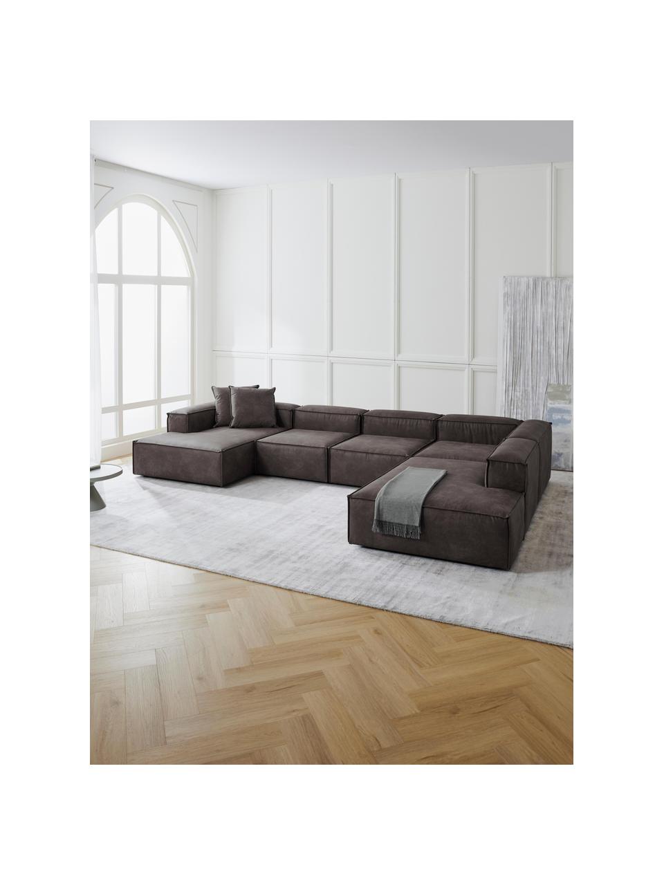 Modulare Wohnlandschaft Lennon aus recyceltem Leder, Bezug: Recyceltes Leder (70 % Le, Gestell: Massives Holz, Sperrholz, Füße: Kunststoff Dieses Produkt, Leder Taupe, B 418 x T 269 cm, Eckteil links