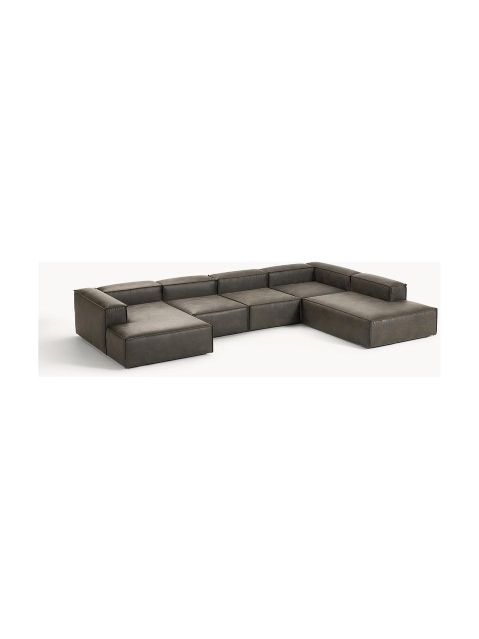 Modulare Wohnlandschaft Lennon aus recyceltem Leder, Bezug: Recyceltes Leder (70 % Le, Gestell: Massives Holz, Sperrholz, Leder Taupe, B 418 x T 269 cm, Eckteil links