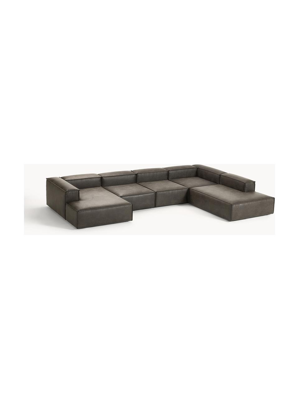 Modulare Wohnlandschaft Lennon aus recyceltem Leder, Bezug: Recyceltes Leder (70 % Le, Gestell: Massives Holz, Sperrholz, Füße: Kunststoff Dieses Produkt, Leder Taupe, B 418 x T 269 cm, Eckteil rechts