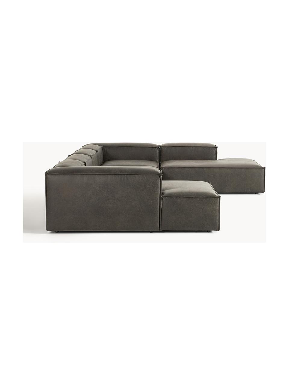 Modulaire woonlandschap Lennon van gerecycled leer, Bekleding: gerecycled leer (70% leer, Frame: massief hout, multiplex, Poten: kunststof Dit product is , Leer taupe, B 418 x D 269 cm, hoekdeel rechts