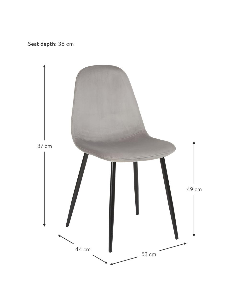 Fluwelen stoelen Karla in grijs, 2 stuks, Bekleding: fluweel (100% polyester), Poten: gepoedercoat metaal, Fluweel grijs, B 44 x D 53 cm