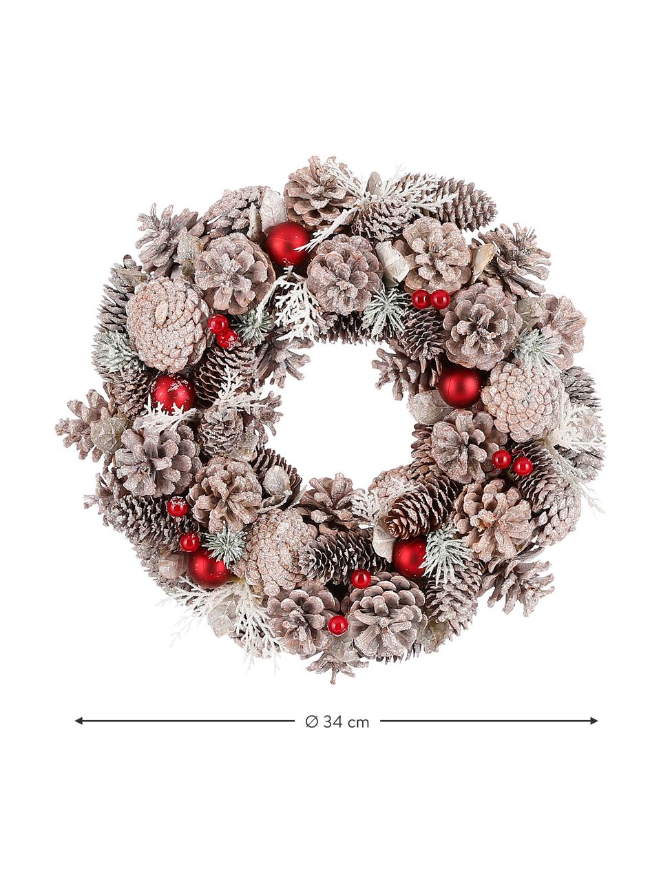 Corona navideña Tim, Piñas secas, Beige claro, rojo, Ø 34 x Al 9 cm