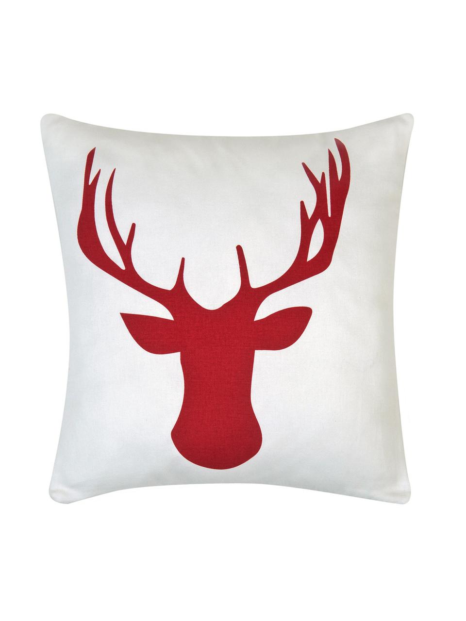Kissenhülle Deer mit Hirschmotiv in Weiß/Rot, Baumwolle, Panamabindung, Dunkelrot, Ecru, 40 x 40 cm