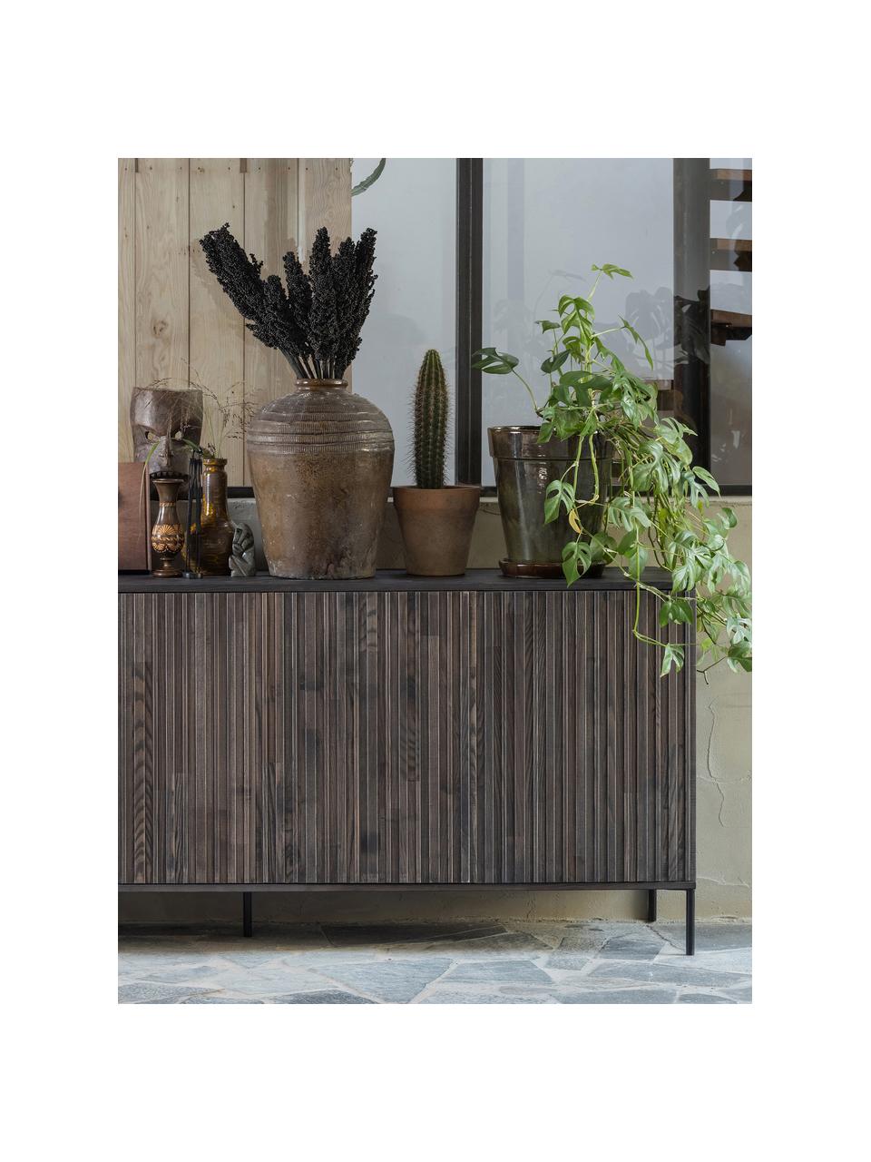 Credenza con frontale in legno di frassino scanalato Avourio, Piedini: metallo rivestito, Legno di frassino, scuro, Larg. 200 x Alt. 85 cm