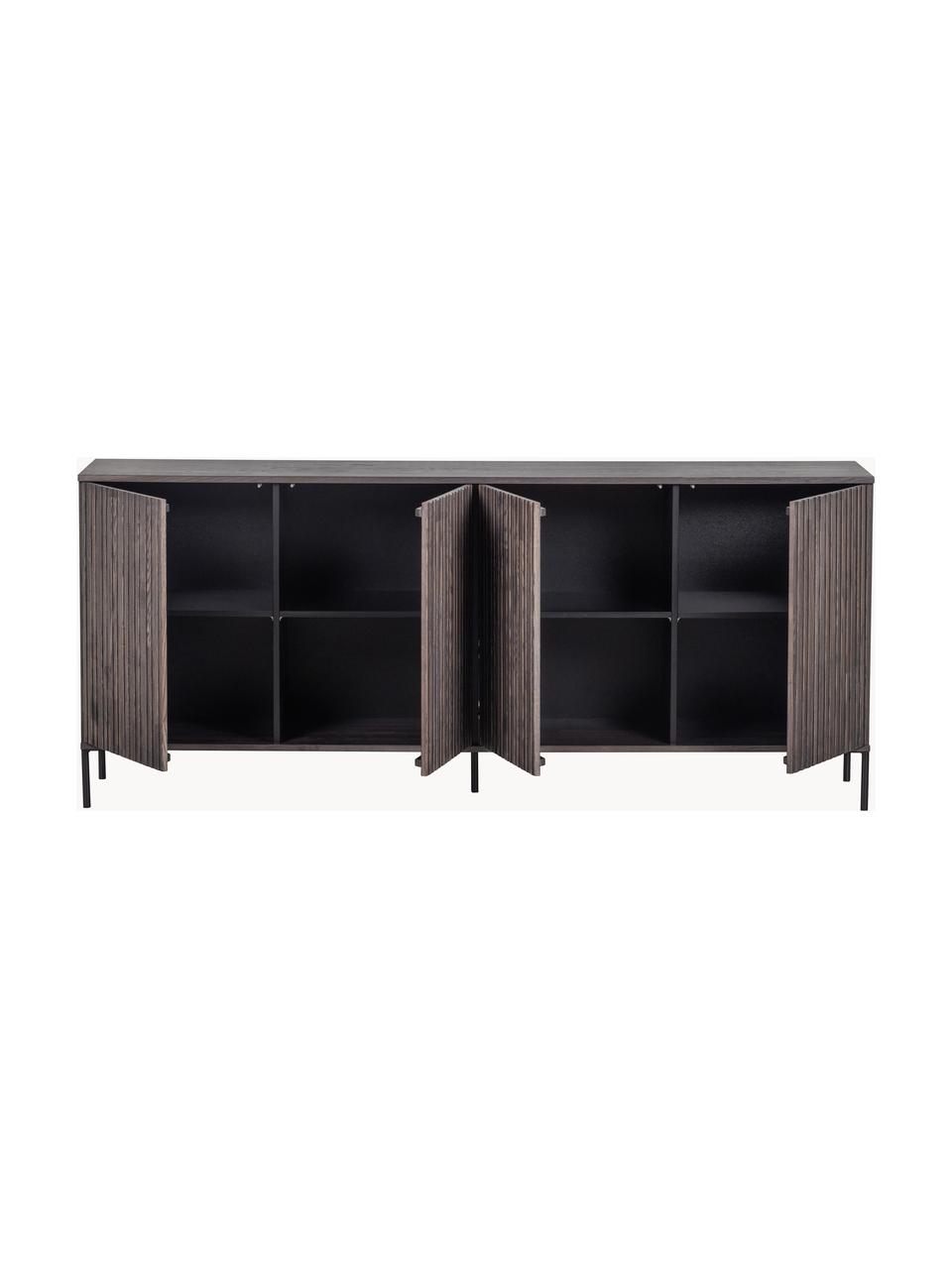 Credenza con frontale in legno di frassino scanalato Avourio, Piedini: metallo rivestito, Legno di frassino, scuro, Larg. 200 x Alt. 85 cm