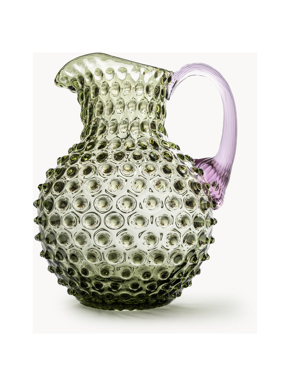 Ručně foukaný džbán Hobnail, 2 l, Foukané sklo, Olivově zelená, fialová, transparentní, 2 l