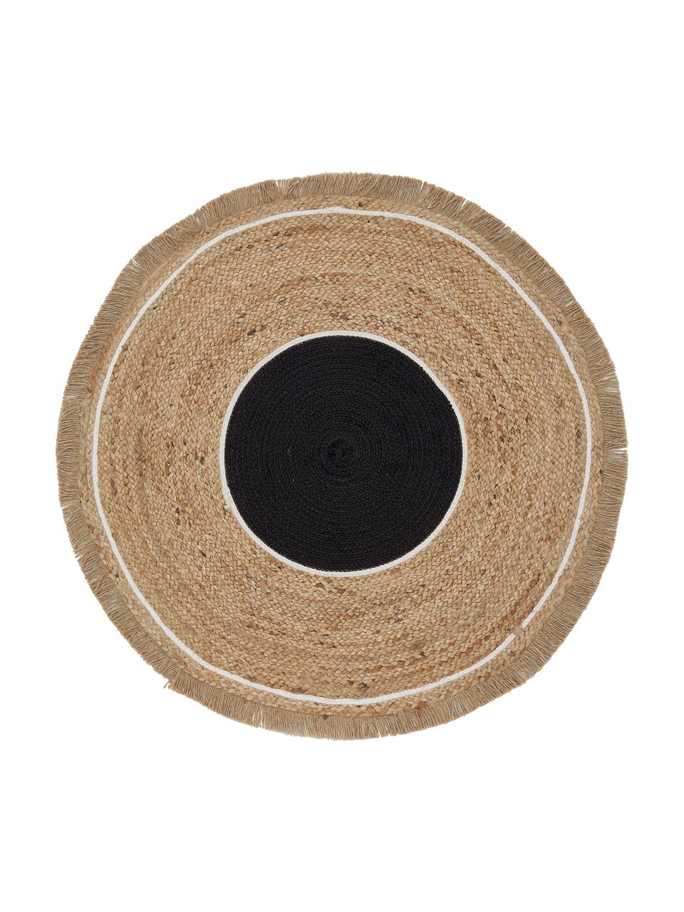 Tapis rond de jute à franges Boham, Jute, noir, blanc