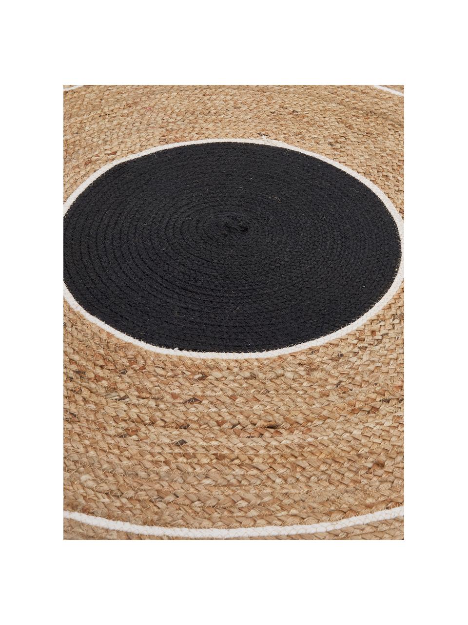 Tapis rond de jute à franges Boham, Jute, noir, blanc