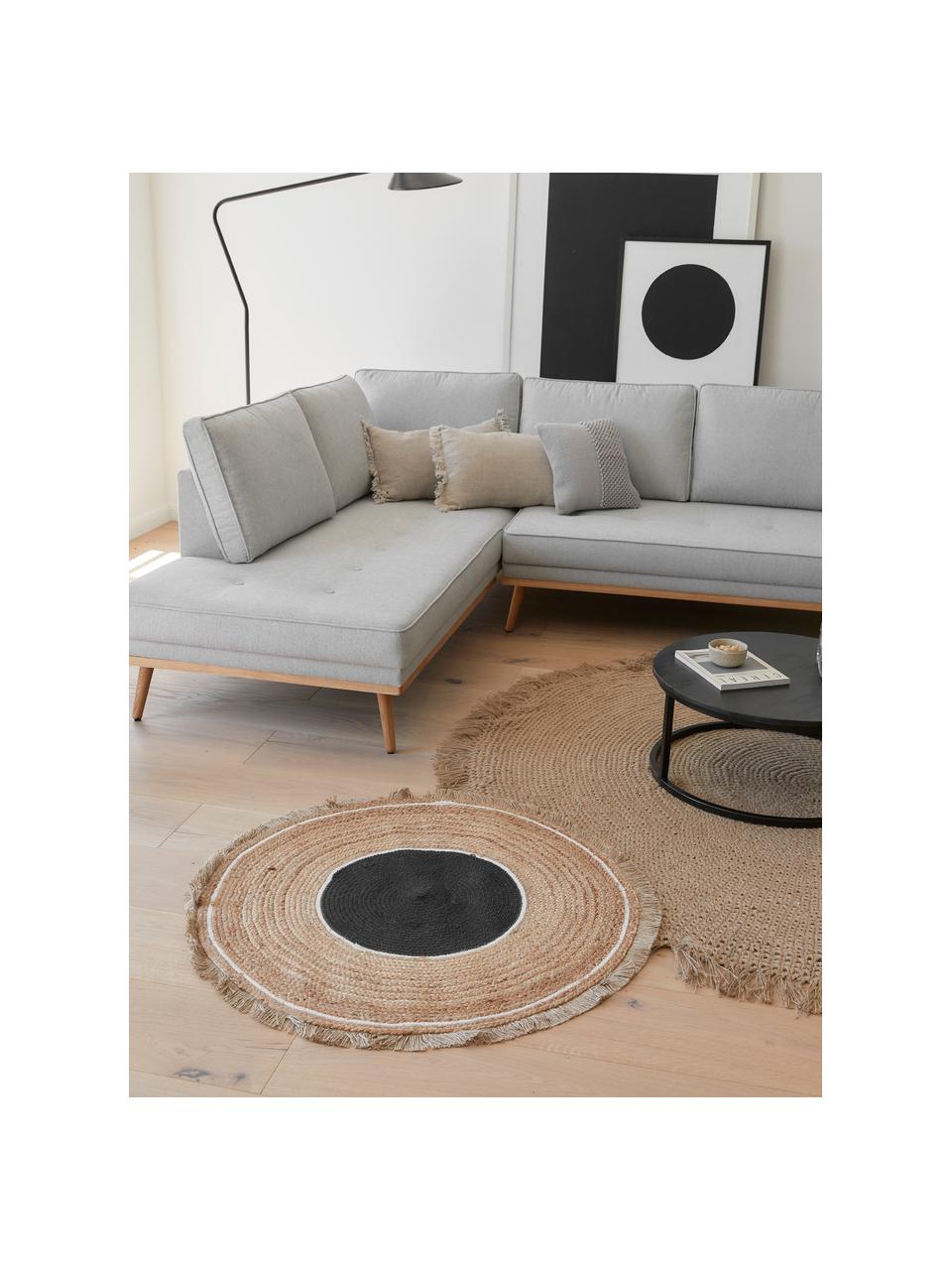 Tapis rond de jute à franges Boham, Jute, noir, blanc