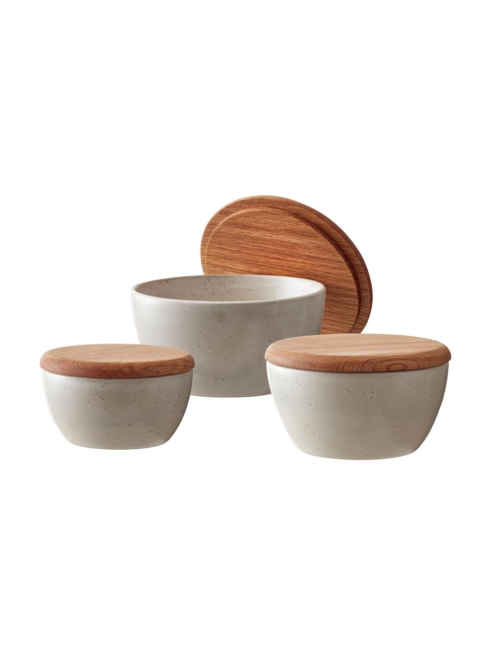 Set de cuencos con tapadera de madera Gasper, 3 uds., Blanco, madera de roble, Set de diferentes tamaños