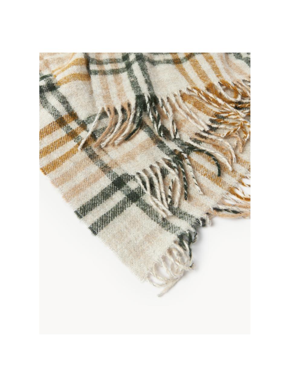 Geruite plaid Timothy met franjes, 53% polyacryl, 20% polyester, 15% wol, 12% polyamide, Lichtbeige, lichtbruin, donkergroen, B 130 x H 170 cm