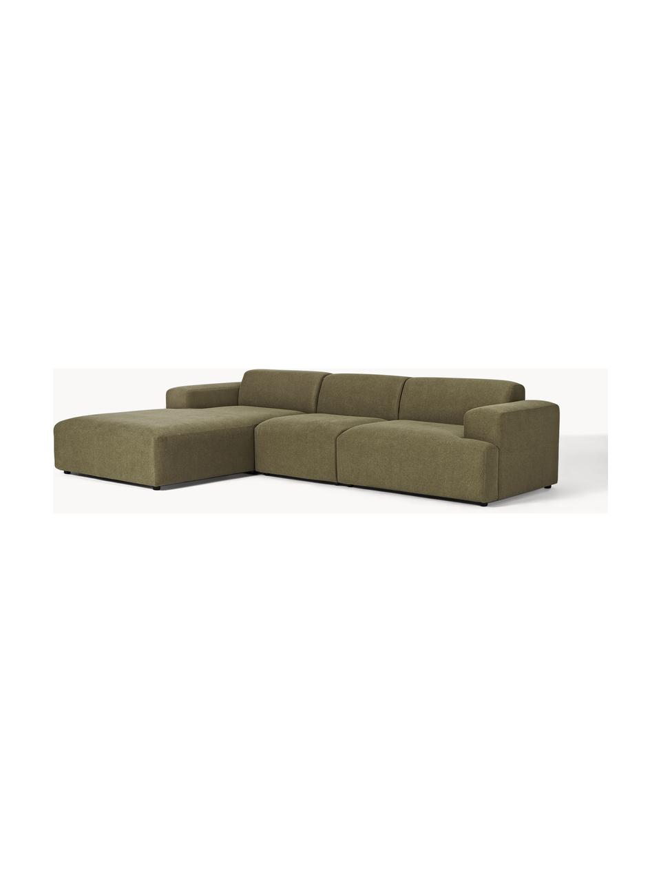 Ecksofa Melva (4-Sitzer), Bezug: 100 % Polyester Der strap, Gestell: Massives Kiefern- und Fic, Füße: Kunststoff Dieses Produkt, Webstoff Olivgrün, B 319 x T 195 cm, Eckteil rechts