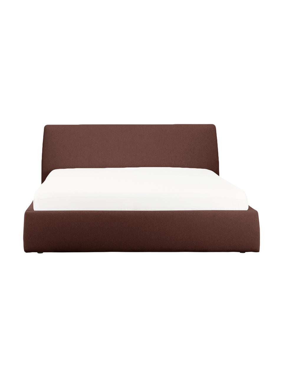 Letto imbottito con contenitore Cloud, Rivestimento: tessuto finemente struttu, Piedini: legno laccato, Tessuto rosso scuro, Larg. 160 x Lung. 200 cm