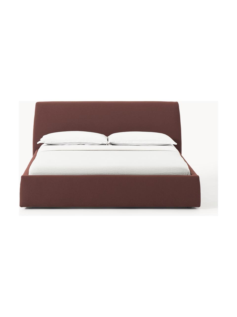 Letto imbottito con contenitore Cloud, Rivestimento: tessuto finemente struttu, Piedini: legno laccato Questo prod, Tessuto rosso vino, Larg. 140 x Lung. 200 cm