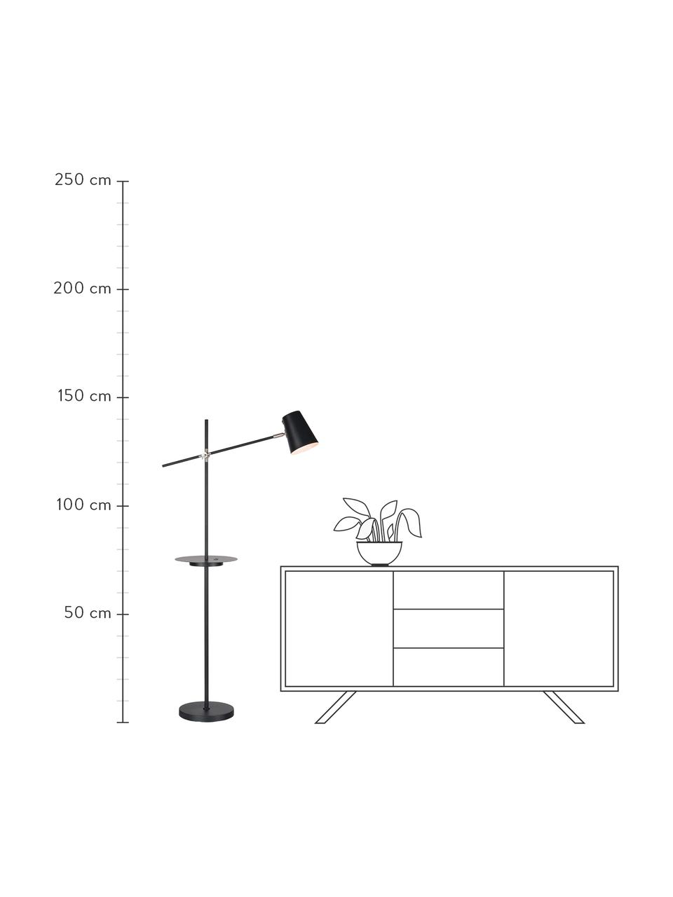 Leeslamp Linear met plank en oplader, Lampenkap: gecoat metaal, Lampvoet: gecoat metaal, Decoratie: geborsteld staal, Zwart, D 65 x H 144 cm