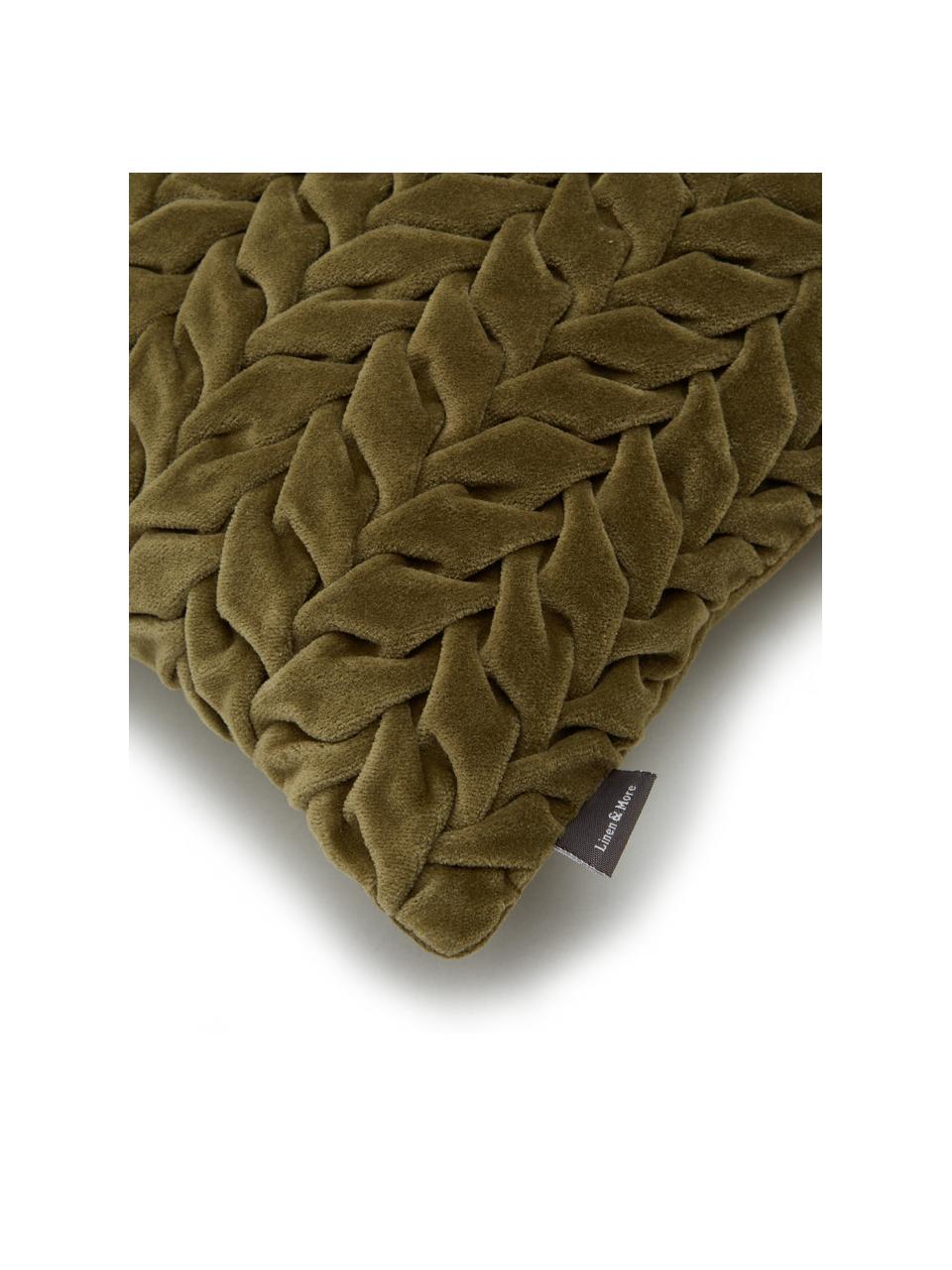 Cojín de terciopelo texturizado Smock, con relleno, Funda: 100% terciopelo de algodó, Verde caqui, An 30 x L 50 cm
