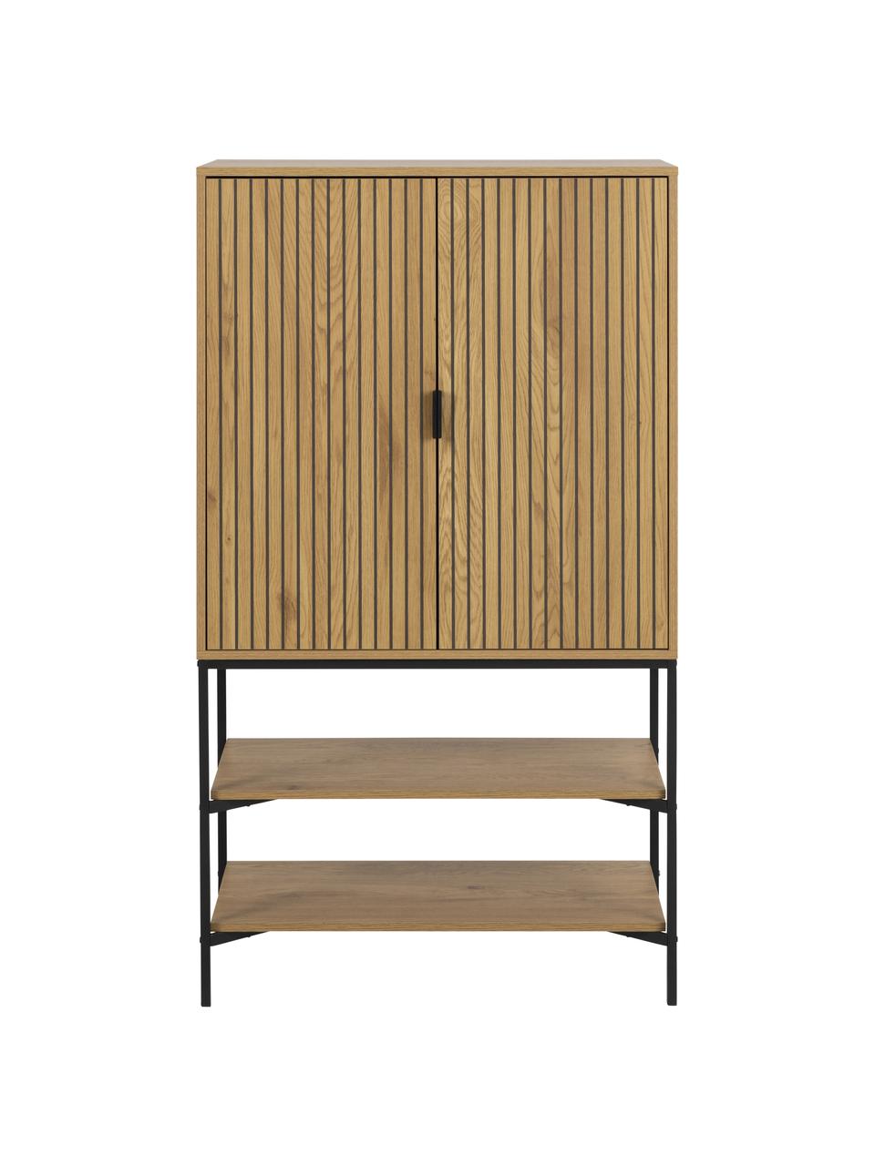 Credenza alta in legno con frontale scanalato Jaipur, Gambe: metallo verniciato a polv, Maniglie: metallo verniciato a polv, Legno, nero, Larg. 80 x Alt. 140 cm