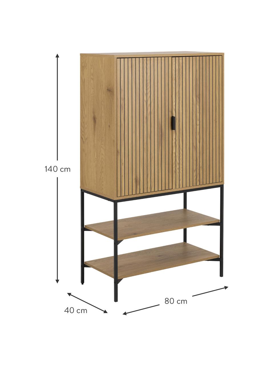 Credenza alta in legno con frontale scanalato Jaipur, Gambe: metallo verniciato a polv, Maniglie: metallo verniciato a polv, Legno, nero, Larg. 80 x Alt. 140 cm
