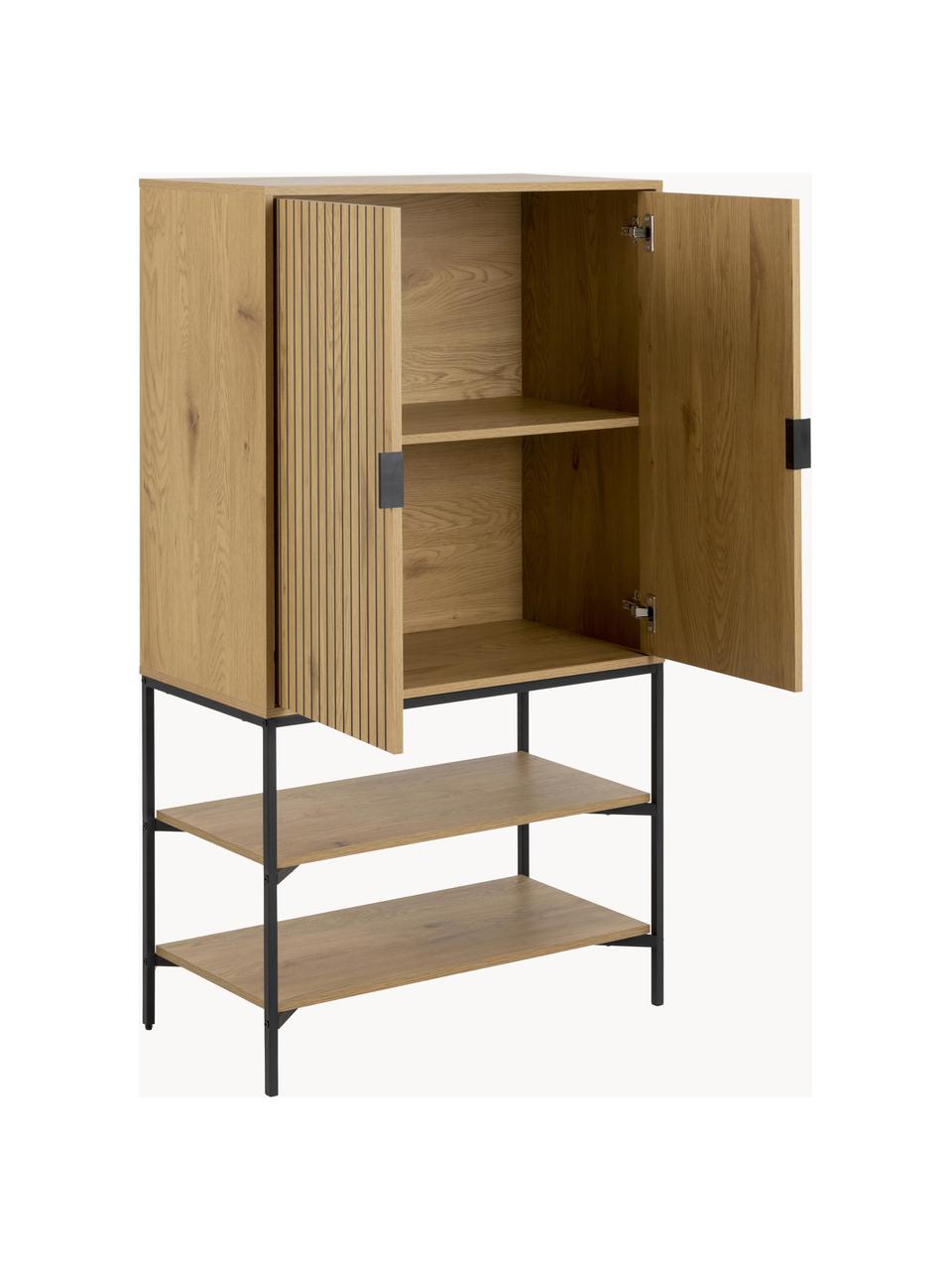 Dressoir Jaipur met geribde voorzijde, Lichtbeige, zwart, B 80 x H 140 cm