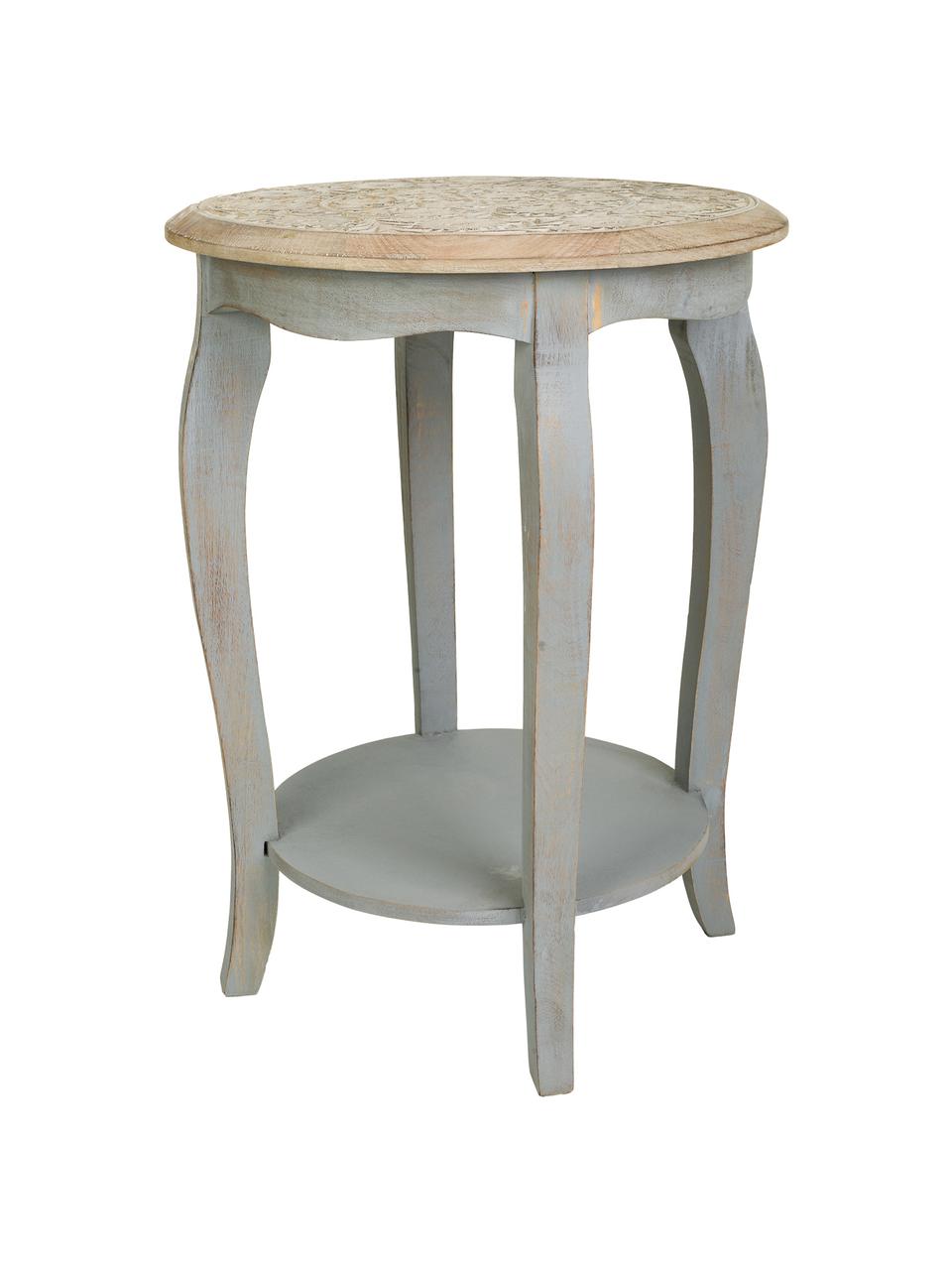 Kulatý odkládací stolek z mangového dřeva s vyřezávaným vzorem květin Kreon, Mangové dřevo, Světle hnědá, šedá, Ø 45 cm, V 60 cm