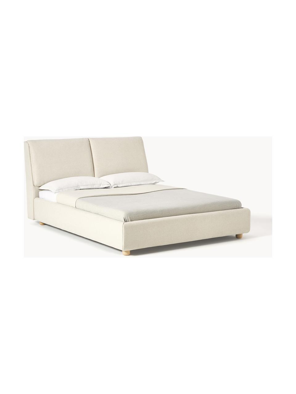 Gestoffeerd bed Laura, Bekleding: 100 % polyester Met 115.0, Geweven stof lichtbeige, eikenhout, B 140 x L 200 cm
