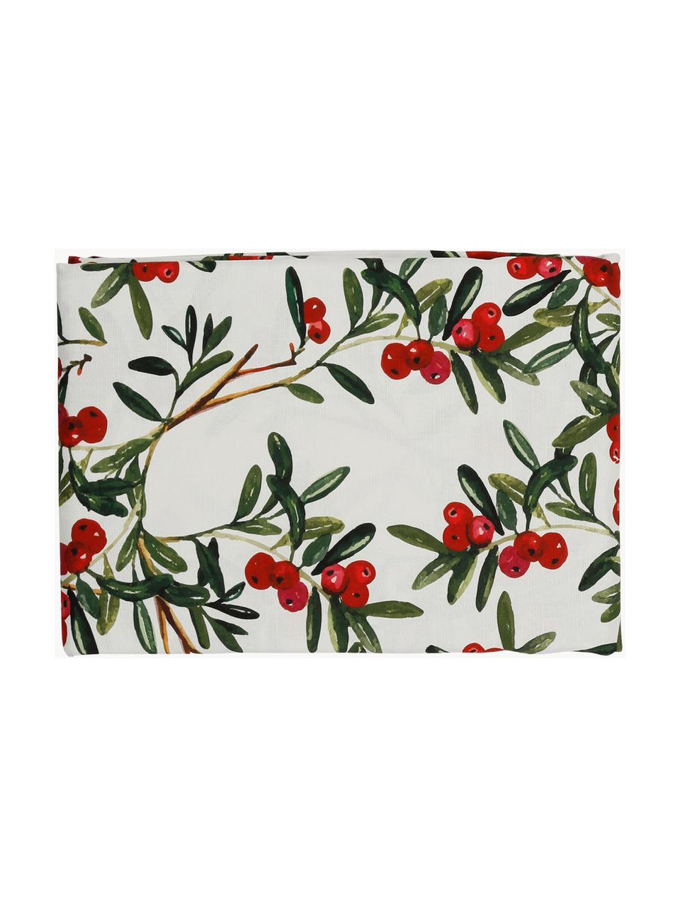Baumwoll-Tischdecke Airelle mit weihnachtlichen Motiven, Baumwolle, Weiß, Rot, Grün, 4-6 Personen (L 160 x B 160 cm)