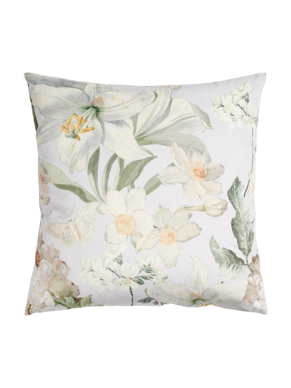 Coussin en velours imprimé floral Rosalee, Gris clair, blanc, tons verts et beige