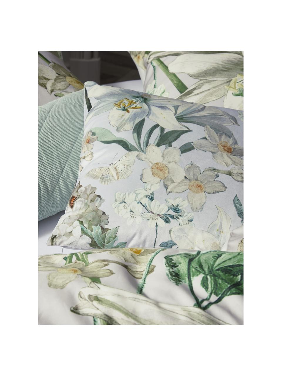 Coussin en velours imprimé floral Rosalee, Gris clair, blanc, tons verts et beige