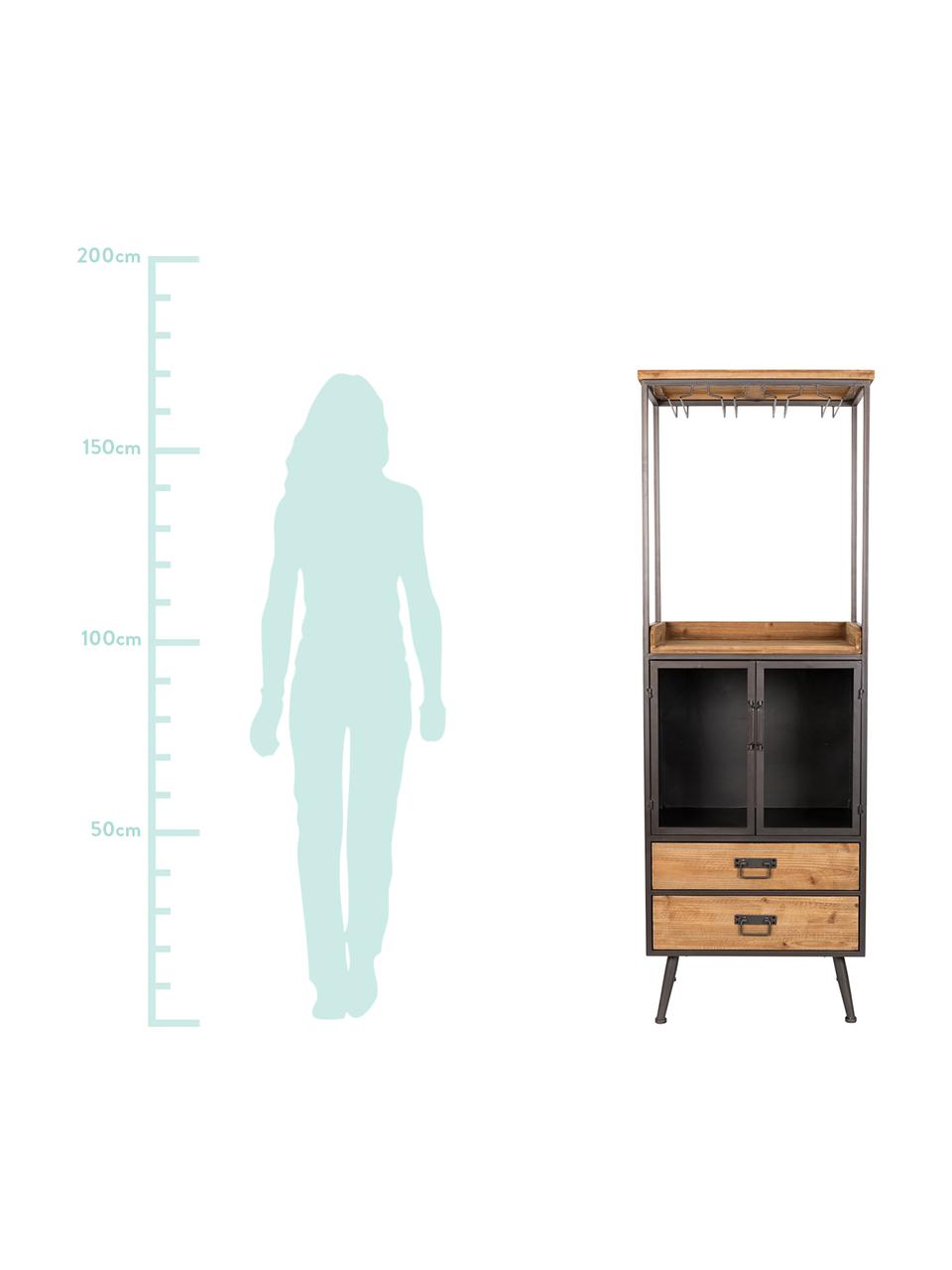 Weinregal Damian aus Holz und Metall, Schrank, Schubladen: TannenholzGestell, Griffe, Weinglashalter: Grau, 60 x 171 cm