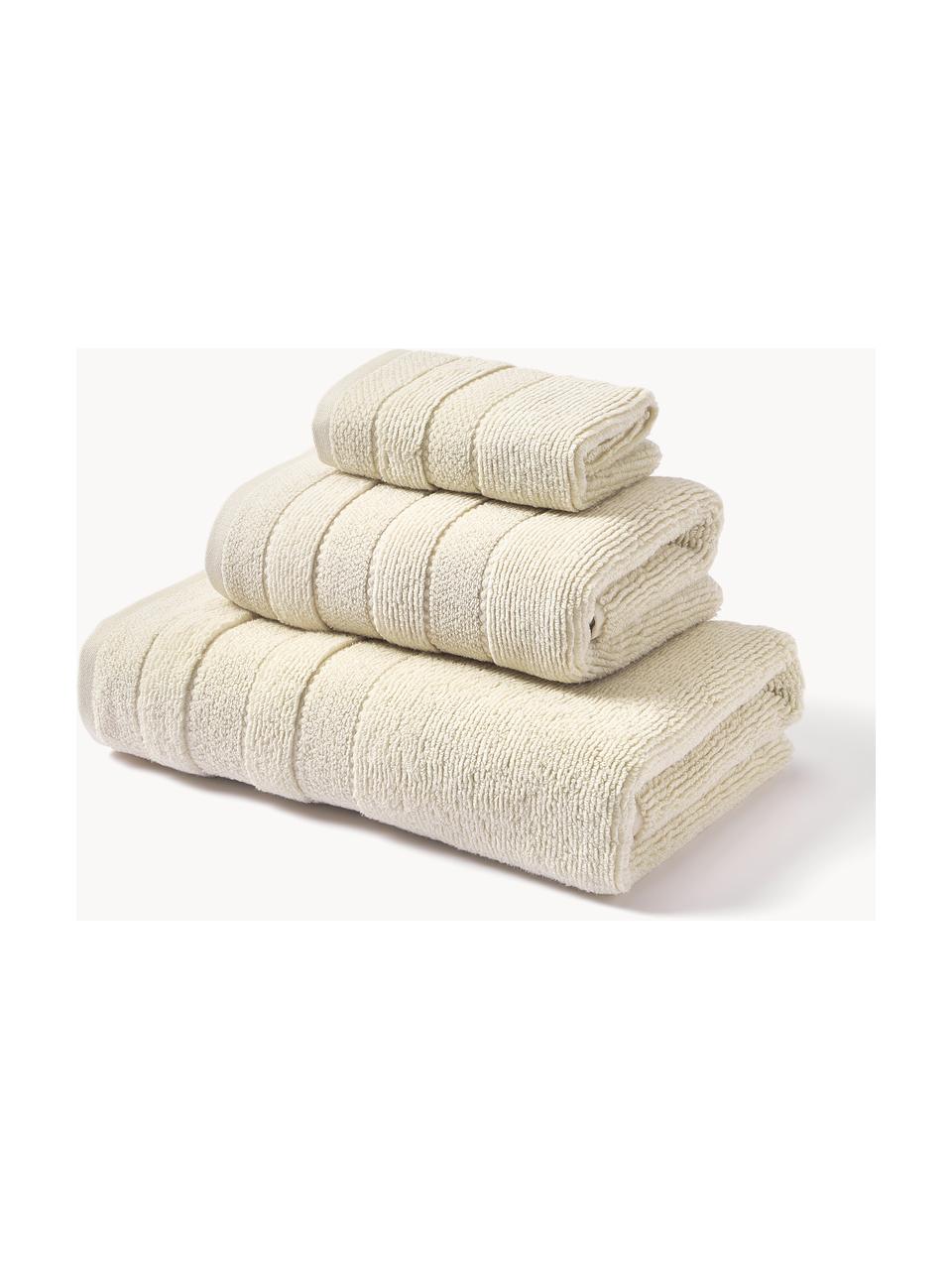 Lot de serviettes de bain avec bordure décorative Luxe, 3 élém., Blanc cassé, 3 éléments (1 serviette invité, 1 serviette de toilette et 1 drap de bain)