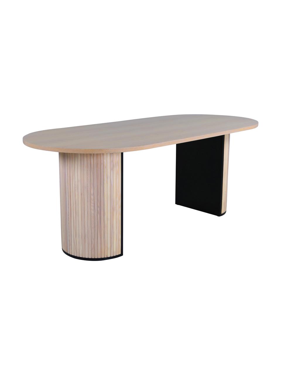 Table à manger ovale avec placage en chêne brossé blanc Bianca, 200 x 90 cm, Beige clair, noir, larg. 200 x prof. 90 cm