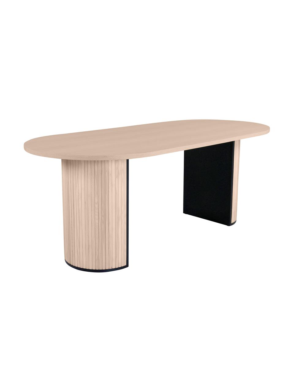 Ovaler Esstisch Bianca mit Eichenholzfunier, 200 x 90 cm, Tischplatte: Mitteldichte Holzfaserpla, Beine: Trompetenbaumholz, gebürs, Eichenholz, hell lackiert, B 200 x T 90 cm