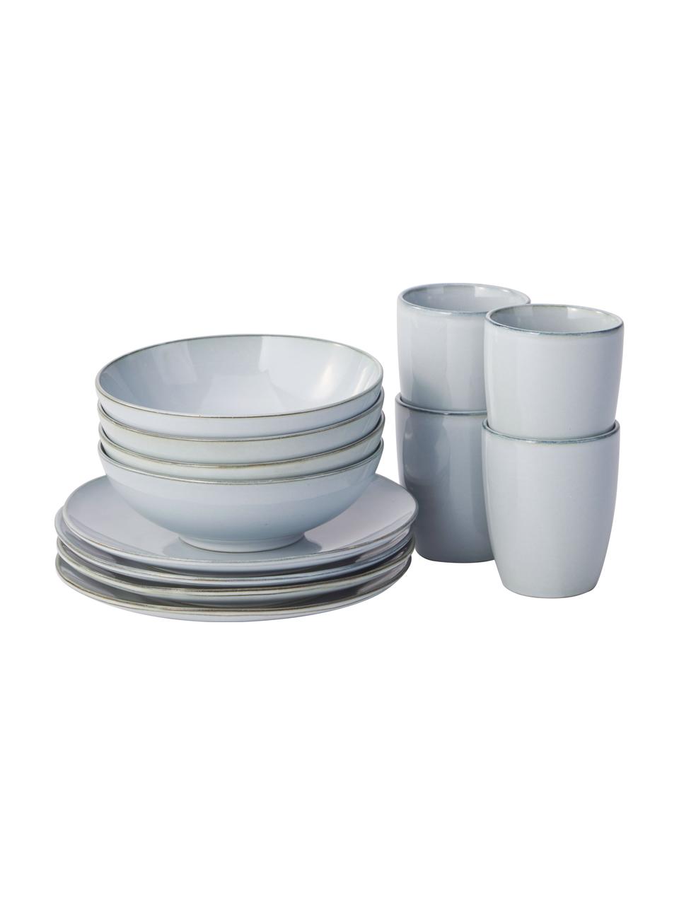 Set 12 stoviglie da colazione tonalità blu grigie fatte a mano Thalia, 4 persone, Gres, Blu, Ø 23 x Alt. 3 cm