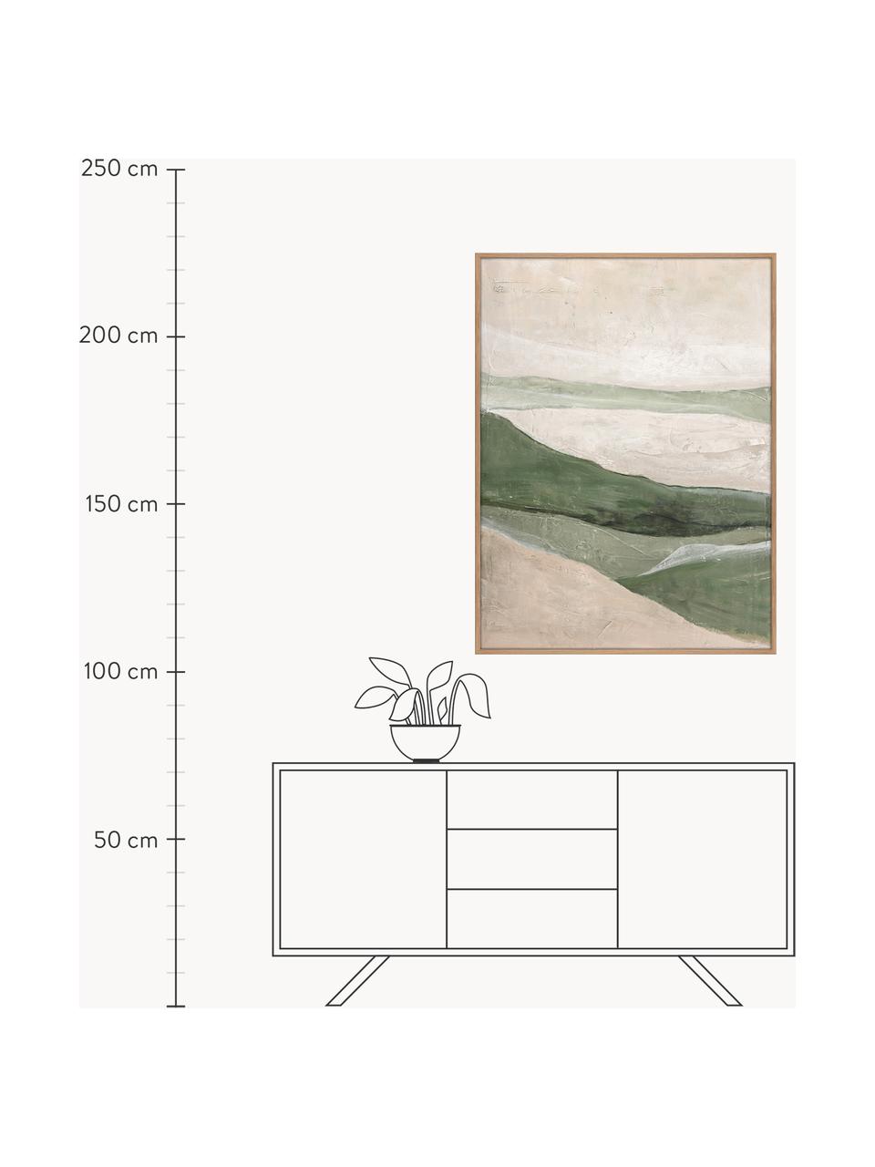 Ręcznie malowany obraz na płótnie Green Field, Beżowy, szałwiowy zielony, jasne drewno naturalne, S 90 x W 120 cm