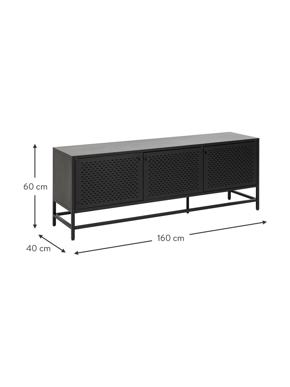 Metalen tv-meubel Neptun met deuren in zwart, Gecoat metaal, Zwart, B 160 cm x H 60 cm