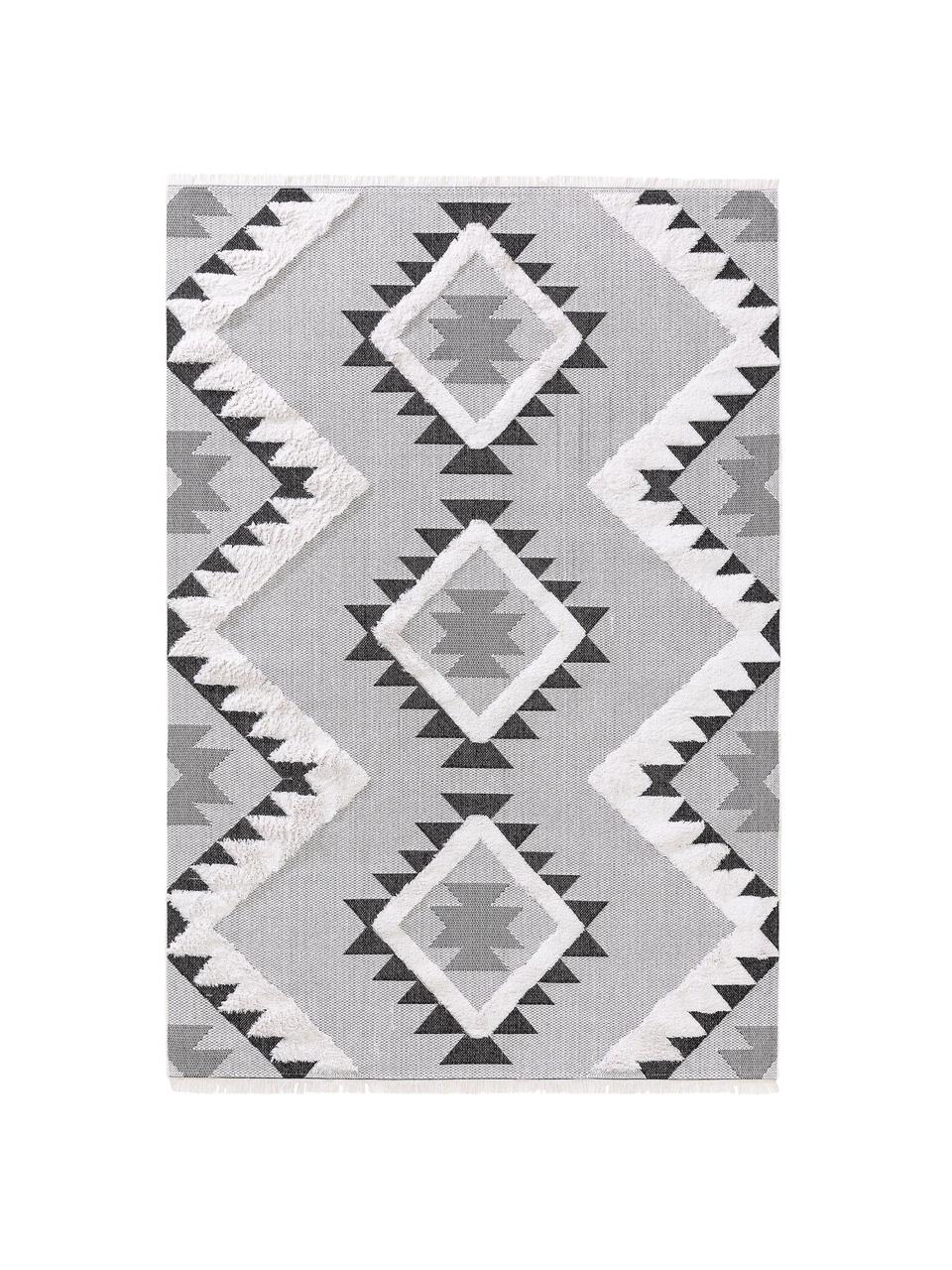 Alfombra lavable de algodón texturizada con flecos Oslo Aztec, 100% algodón, Blanco crema, gris, An 150 x L 230 cm (Tamaño M)