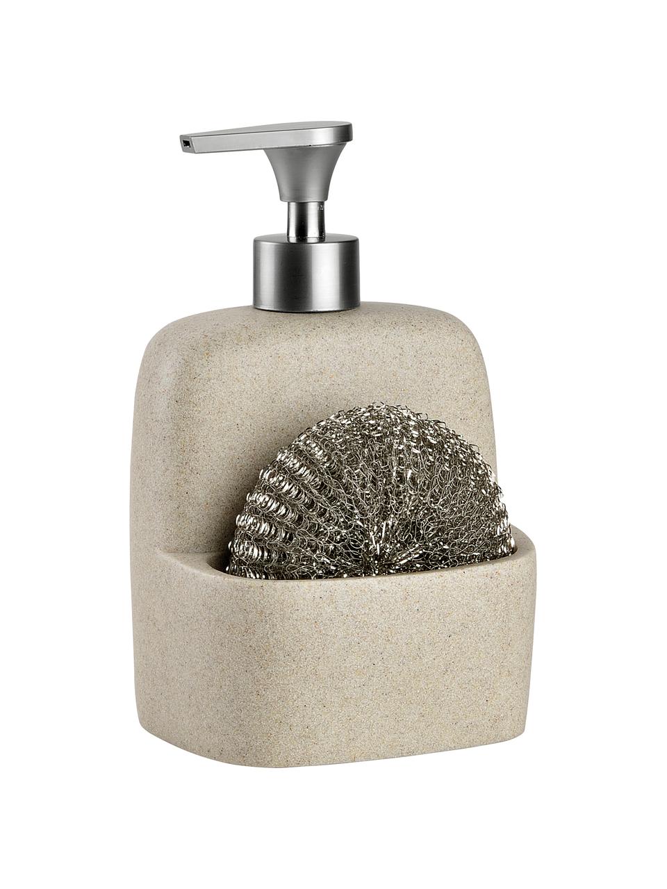 Zeepdispenserset Zand met spons, 2-delig, Beige, zilverkleurig, B 11 x H 19 cm