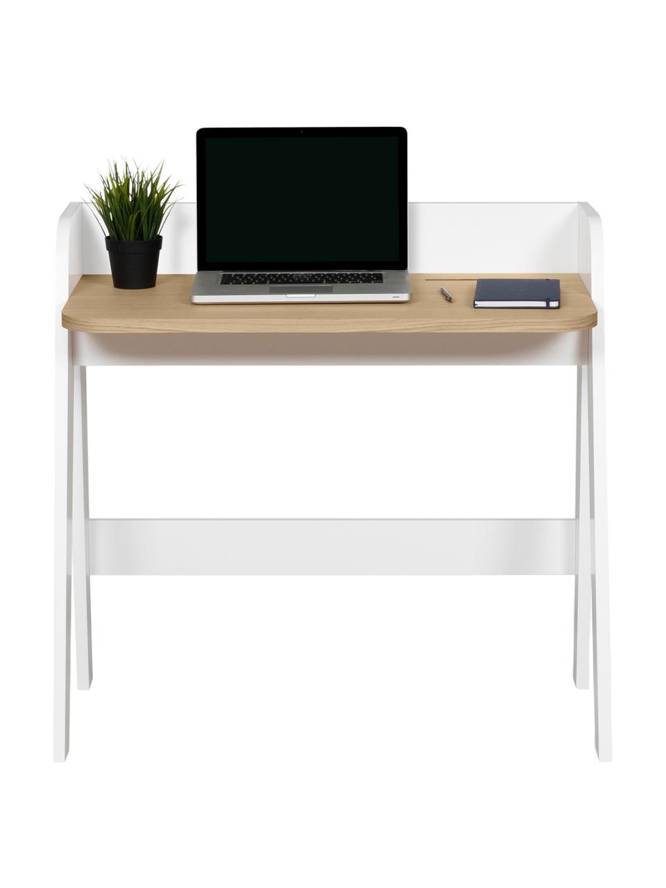 Scandi bureau Fiore in wit, Frame: gelakt MDF, Tafelblad: MDF met eikenhoutfineer, Wit, bruin, 91 x 49 cm