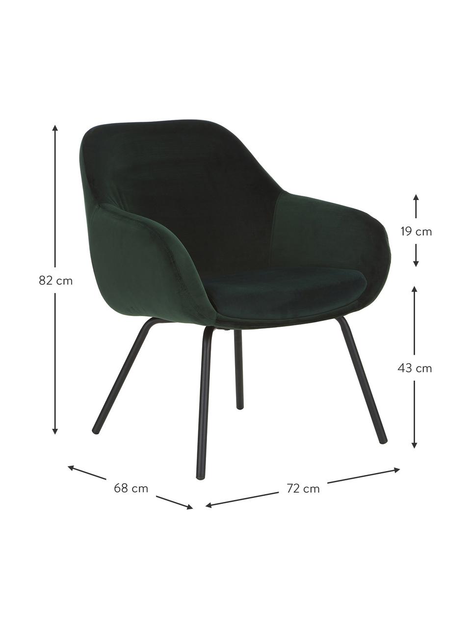 Sedia con braccioli in velluto Kassandra, Rivestimento: velluto (poliestere) 25.0, Gambe: metallo verniciato, Velluto verde scuro, Larg. 72 x Prof. 68 cm