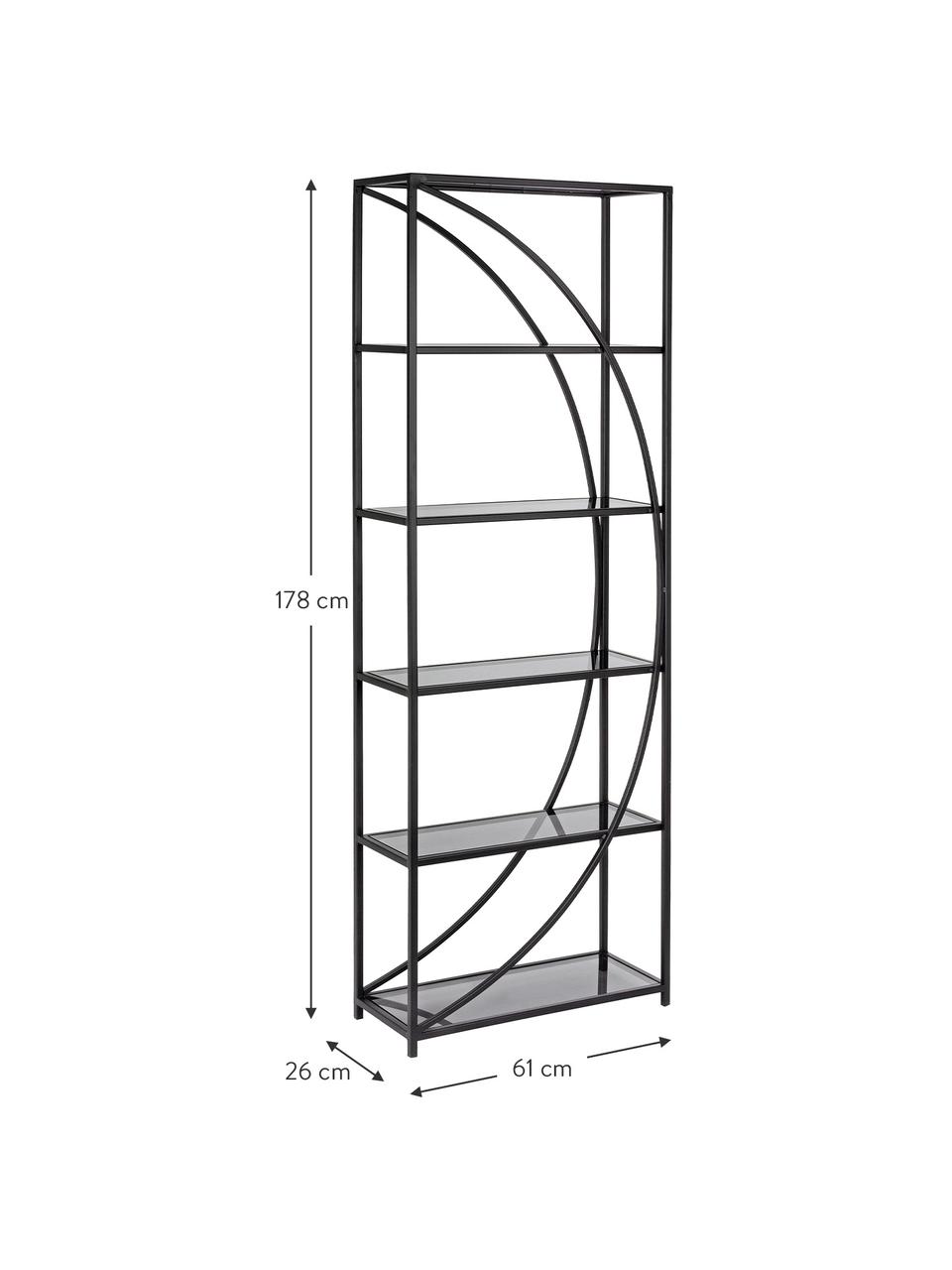 Metalen wandrek Korvet in zwart met glazen platen, Frame: metaal, epoxy en gepoeder, Zwart, grijs, transparant, 61 x 178 cm