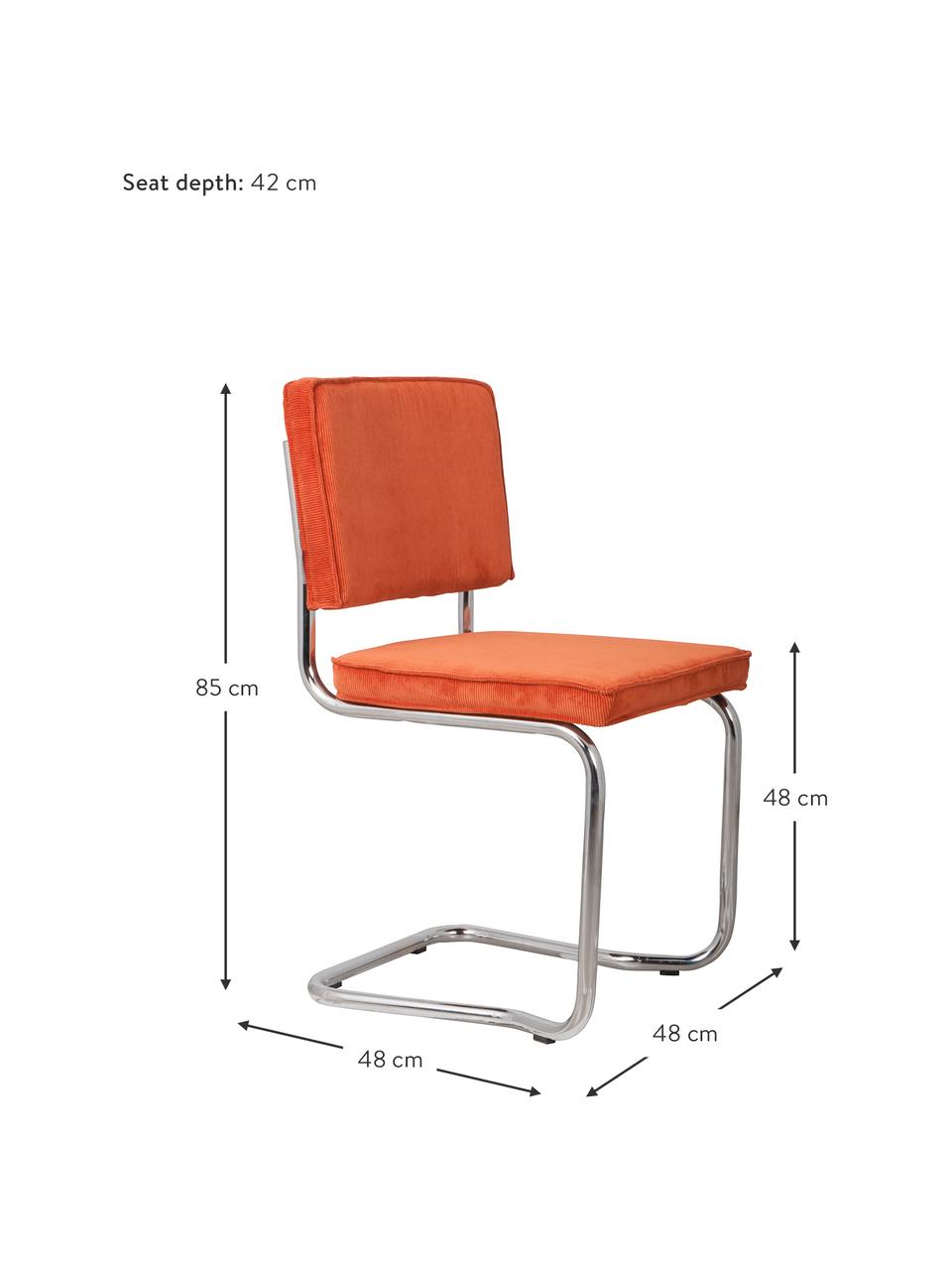Corduroy cantilever stoel Kink, Bekleding: corduroy (88% nylon, 12% , Frame: verchroomd metaal, Poten: kunststof, Corduroy oranje, chroomkleurig, B 48 x H 48 cm