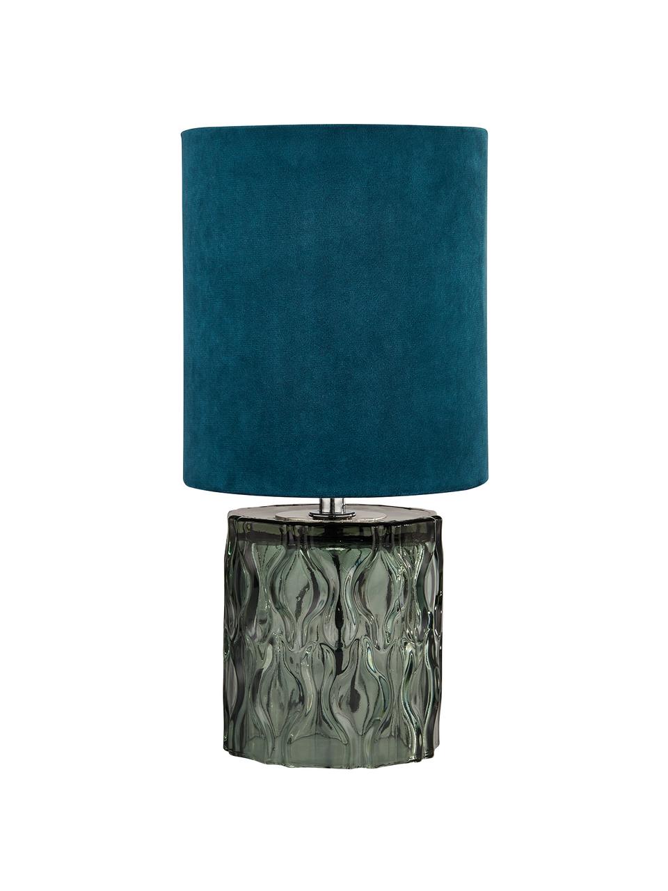 Kleine fluwelen tafellamp Tina in blauw-groen, Lampenkap: fluweel, Lampvoet: glas, Decoratie: gegalvaniseerd metaal, Groen, Ø 15  x H 30 cm