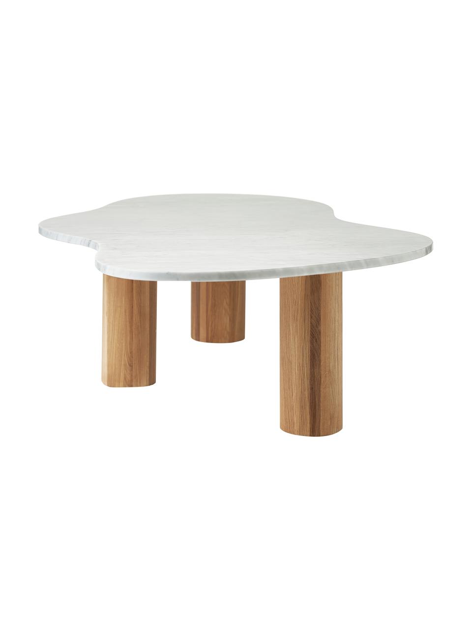 Mesa de centro de mármol con forma orgánica Naruto, Tablero: mármol, Patas: madera de roble, Madera de roble, mármol blanco, An 140 x F 80 cm