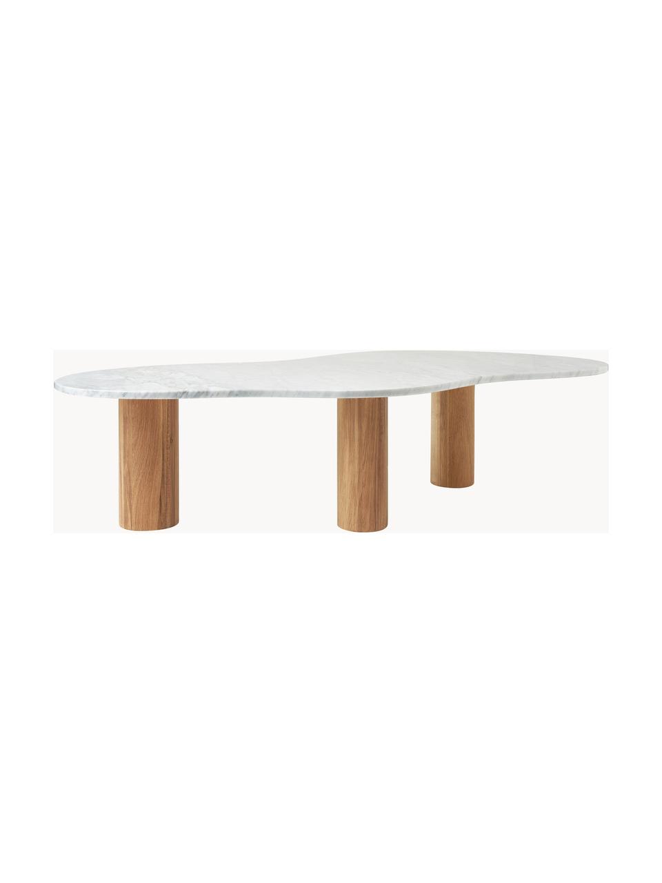 Tavolino da salotto in marmo dalla forma organica Naruto, Gambe: legno di quercia, Legno di quercia, bianco marmorizzato, Larg. 140 x Alt. 80 cm