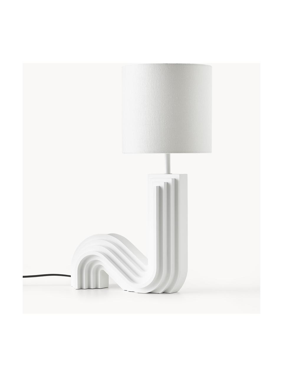 Design Tischlampe Luomo, Lampenschirm: Leinenstoff, Lampenfuß: Mitteldichte Holzfaserpla, Off White, Weiß, B 43 x H 61 cm