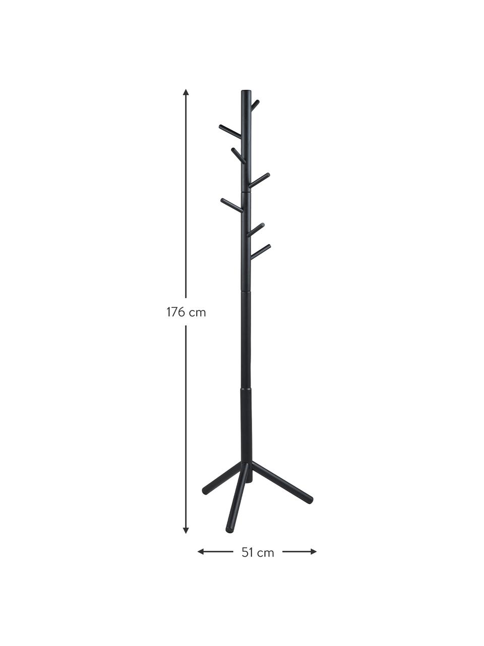 Drevený stojan na oblečenie so 6 háčikmi Bremen, Lakované kaučukovníkové drevo, Čierna, Š 51 x V 176 cm