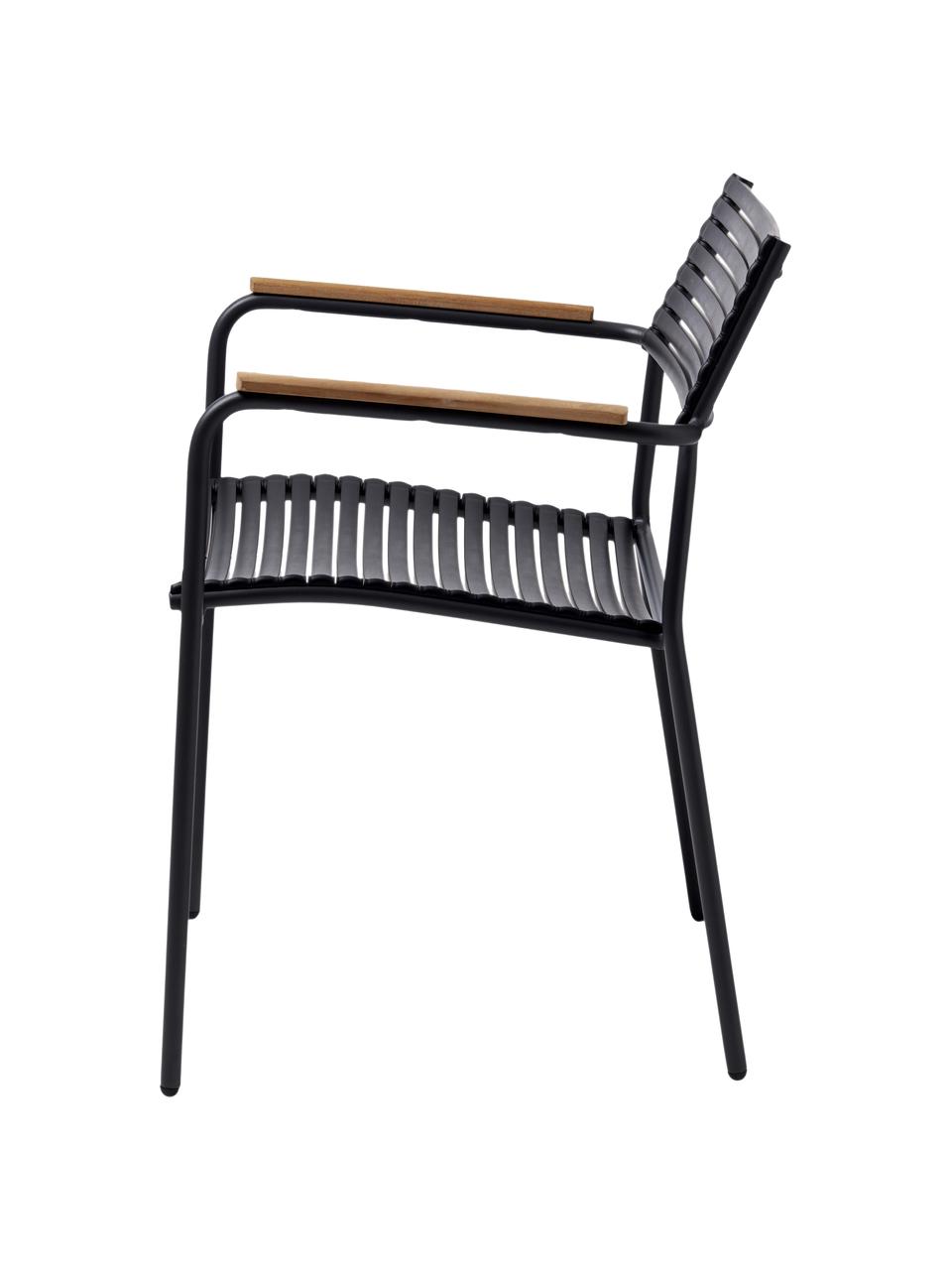 Tuin armstoel Mood, Frame: gepoedercoat aluminium, Zitvlak: kunststof, Zwart, teakhout, B 60 x D 56 cm