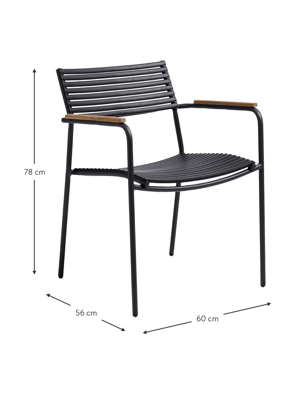 Ogrodowe krzesło z podłokietnikami Mood, Stelaż: aluminium malowane proszk, Czarny, drewno tekowe, S 60 x G 56 cm