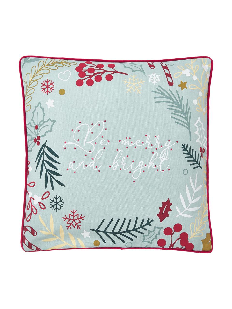 Federa arredo ricamata con motivo invernale Bright, Rivestimento: 100% cotone, Rosso, verde, bianco, Larg. 45 x Lung. 45 cm